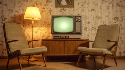A nostalgic living room scene with a black-and-white TV, two upholstered chairs, and a glowing lamp in a warm, inviting space.