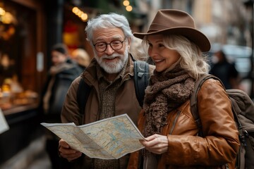 Senior tourist couple exploring city using map