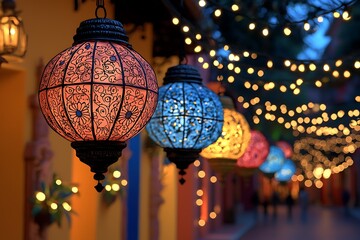 Obraz premium Illuminated Moroccan-Style Lanterns Hanging in a Festive Street Setting at Night.