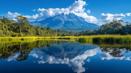 Obraz premium Majestic mount kinabalu reflecting in the calm lake of sabah, borneo