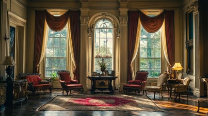 Obraz premium Classic luxury mansion drawing room with tall windows, silk drapes, and an elaborate seating arrangement perfect for hosting guests.