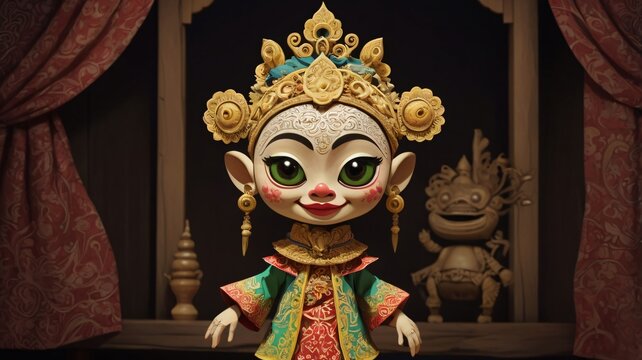 Create a chibi-style illustration of a Wayang Golek Sundanese Cepot character.