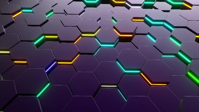 10 seconds 8K video animation hexagon hexagonal tiles moving up and down with rim lights motion graphics screensaver visualizer no people endless looping real-time seamless technology