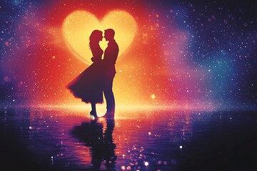 Silhouetted Couple Embracing Against a Heart-Shaped Light Spectacle.