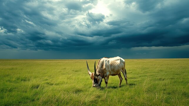 A kouprey grazing in a lush, open field under a dramatic cloudy sky, its powerful build and elegant horns reflecting its untamed nature. The vibrant green grass contrasts with the muted tones of the s