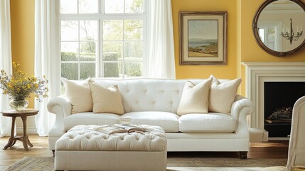 Elegant French country living room design with a white sofa, yellow accent wall, and vintage farmhouse elements like a tufted ottoman and aged mirror
