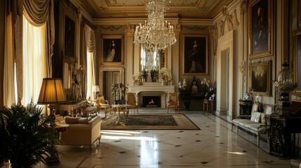 Grand classic drawing room with luxurious elements like a marble floor, crystal chandelier, and an opulent sofa in a luxury mansion