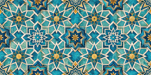Obraz premium Intricate geometric patterns featuring blue tones and gold accents create a stunning visual tapestry.