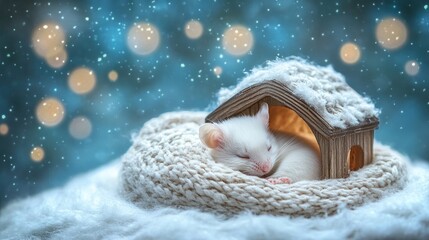 A cozy white mouse sleeps peacefully in a knitted nest inside a charming wooden house.