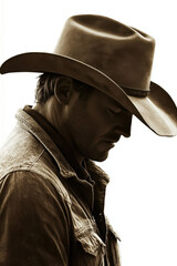 Fototapeta premium Silhouette of a male cowboy wearing a hat, captured in profile with a contemplative expression, set against a white background.