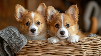 Two adorable corgi puppies in a wicker basket.