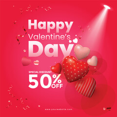 Happy Valentine's Day, 50% Off, colorful pin Background with heart set 