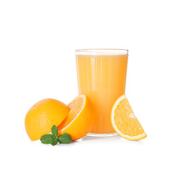 Glass of tasty juice with oranges and mint leaves on white background
