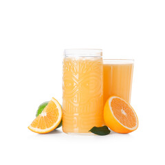 Glasses of tasty juice with oranges, lime and leaf on white background