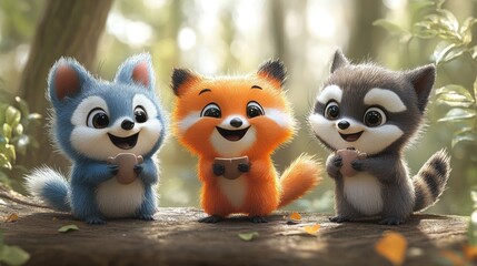 Fototapeta premium Three adorable cartoon woodland creatures holding treats.