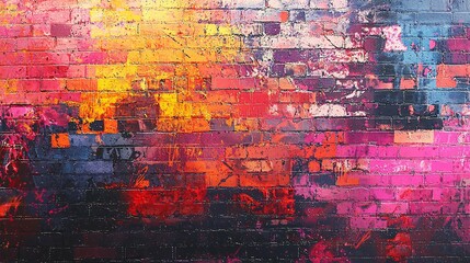 Obraz premium Vibrant graffiti texture on a brick wall features diverse spray paint patterns, perfect for urban-inspired designs and creative backgrounds.
