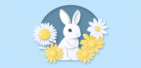 Fototapeta premium charming paper cut bunny surrounded by daisies and sunflowers on blue background, showcasing intricate artistic design and playful atmosphere