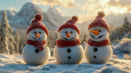 Obraz premium Cheerful snowmen trio in winter wonderland with red hats and scenic mountains