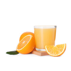 Glass of tasty juice with oranges and leaf on white background