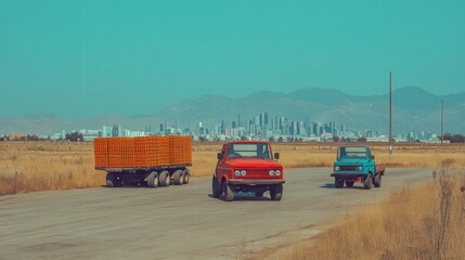 Trucks on Desert Road with City Skyline in Background