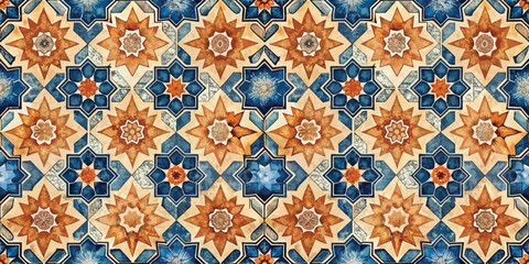 Obraz premium An intricate geometric tile pattern featuring blue, orange, and beige tones, showcasing traditional design elements.