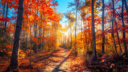 Fototapeta premium Autumn Forest: A Serene Pathway Through Vibrant Trees Bathed in Golden Sunlight, Capturing the Beauty of Nature in Fall