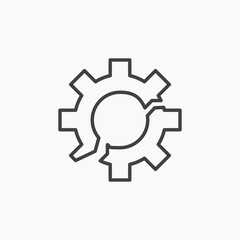 Broken gear thin outlined vector icon.