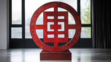 A stylishly crafted red lacquered Chinese double happiness symbol elegantly adorns a modern studio, symbolizing cultural significance and serving as a perfect focal point for celebrations.