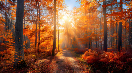 Fototapeta premium Autumn Forest: A Serene Pathway Through Vibrant Trees Bathed in Golden Sunlight, Capturing the Beauty of Nature in Fall