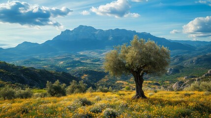 Fototapeta premium Olive tree growing in field of yellow flowers with mountains in background