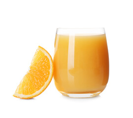 Glass of tasty juice with orange slice on white background