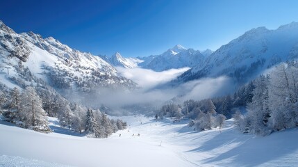 Skiers enjoying winter sports in snowy mountain valley with frozen trees