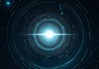 mystical abstract blue design with circular gradient and glowing center, resembling futuristic portal or wormhole in space, surrounded by digital patterns and stars