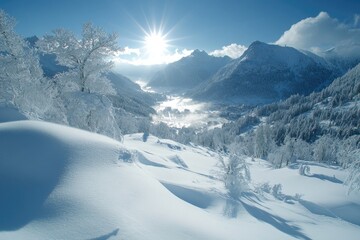 Obraz premium Sun shining over snowy mountain valley and frozen trees
