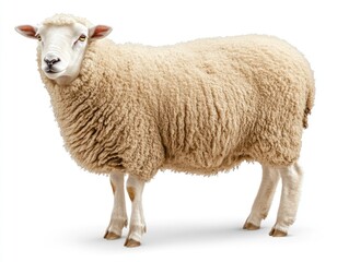 A fluffy, light-colored sheep standing on a white background.