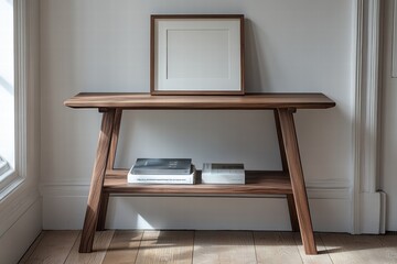 Modern Walnut Wood Console Table with Books and Frame in Bright Room