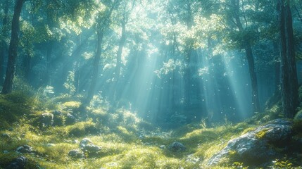 Obraz premium Sunlit forest, mossy ground, ethereal glow.