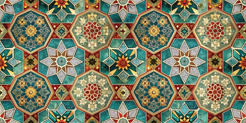 A vibrant geometric tile pattern featuring rich colors and intricate designs, perfect for adding a touch of elegance to any space.