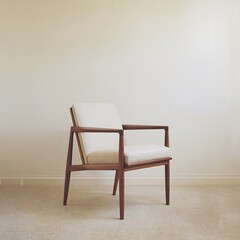 MidCentury Modern Lounge Chair, Minimalist Design, Wooden Frame, White Upholstery, Simple Elegance, 