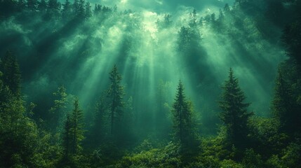 Obraz premium Sunbeams pierce misty, green forest.
