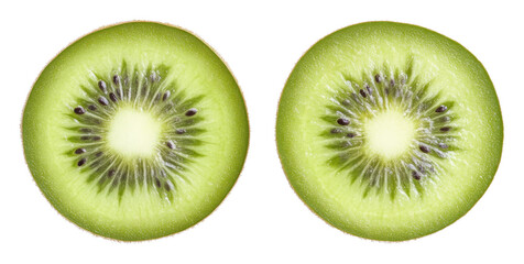 Fototapeta premium Close-up of two kiwi fruit slices on white background, vibrant green color. Healthy eating and tropical fruit concept