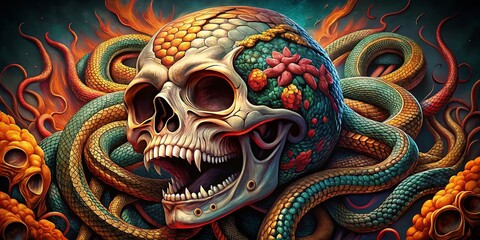 Obraz premium Panoramic Tattoo Design: Snake Coiling Around Skull with Open Jaws
