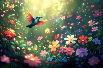 Hummingbird in a Flower Garden