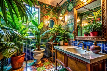 Fototapeta premium Macro Photography: Retro Boho Puerto Rican Hotel Bathroom - Vibrant Colors & Lush Plants