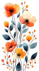 Watercolor of small flowers with slender petals and long leaves in retro colors