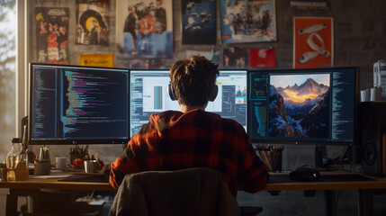 Obraz premium Young coder working on multiple screens in a creative environment