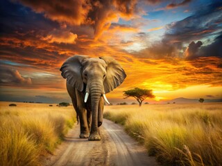 Fototapeta premium Majestic Elephant Close Up: Golden Grassland Wildlife Photography