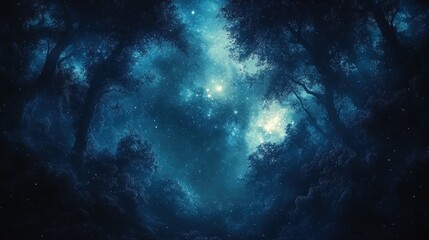 Fototapeta premium Starry night sky, silhouetted trees, magical forest.