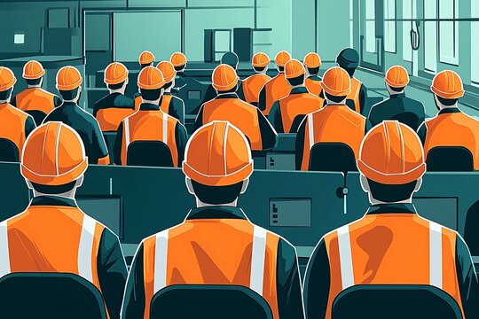A group of construction workers in orange hard hats and safety vests attend a meeting or training session in a modern industrial setting.