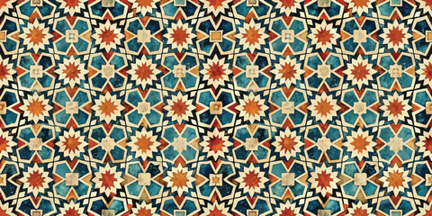 Intricate geometric tile pattern featuring vibrant colors and star shapes.